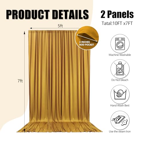 10ft x 7ft Gold Backdrop Curtains for Parties, Fabric Satin Background Curtain with Rod Pockets for Weddings, Birthday, Baby Shower, Photography, Graduation Party Backdrop Drapes, 2 Panels - color: Gold