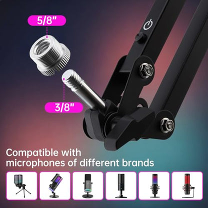 2 in 1 Microphone Arm Stand with Phone Holder, RGB Button Suspension Scissor Mic Boom Arm for Gaming/YouTube/Music Recording, 3/8" Desk Mount Clamp Metal Adjustable Mic Stand for Streaming Podcasting