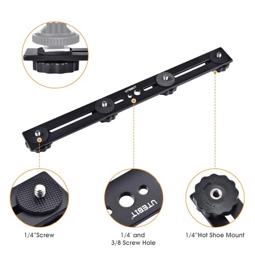 UTEBIT Long Dual Speedlite Tripod Mount Bracket Extension Bar 11 inch Tripod Mount with 1/4“ Hot Shoe , Straight Flash Mount 1/4-3/8 Thread Hole Flash Bracket for LED Light,DSLR Camera,Tripod