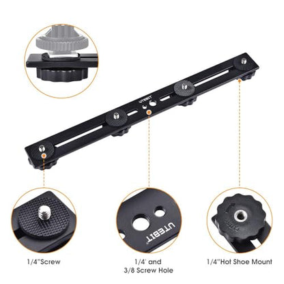 UTEBIT Long Dual Speedlite Tripod Mount Bracket Extension Bar 11 inch Tripod Mount with 1/4“ Hot Shoe , Straight Flash Mount 1/4-3/8 Thread Hole Flash Bracket for LED Light,DSLR Camera,Tripod