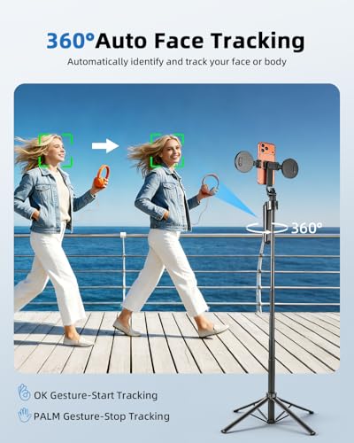Auto Face Tracking Selfie Stick Tripod for iPhone with Light 360° Rotation That Follows Your Movement 70.9" Camera Tripod Stand with Remote for Content Creator Vlog Live Stream Video Recording