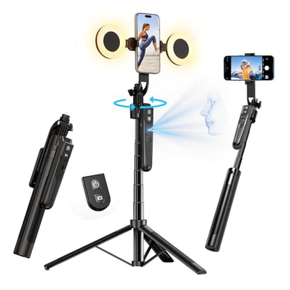 yAyusi 70.9" Auto Face Tracking Selfie Stick Tripod for iPhone with Light, No App, 360° Rotation Tripod that Follows Your Movement with Remote Control for Vlog/Live Stream/Video Recording