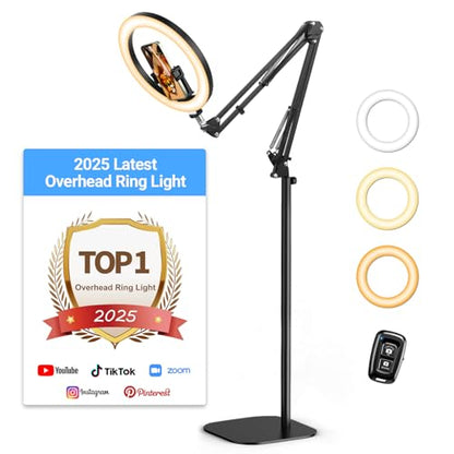 Latest Ring Light with Stand Tripod for iPhone, Overhead Phone Camera Mount with Light and Phone Holder Stand for Recording, 10” Selfie Light for Video,Streaming,Photography, Tiktok, YouTube - size: 70.8" tall - Clip-On Phone Holder