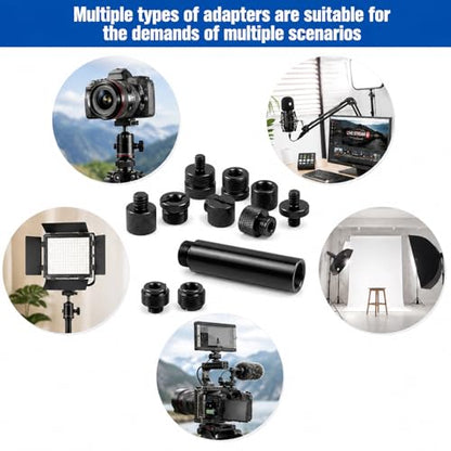 13 PCS 3/8 to 5/8 and 1/4 Mic Stand Adapter Set, Black | Microphone Stand Screws with Extension Tube Aluminum Alloy Mic Thread Mount for Boom Arm Camera Tripod Projector Fill Light