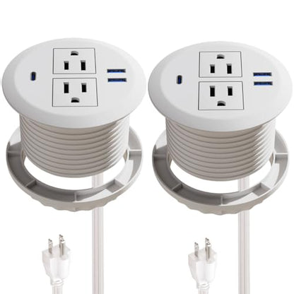 2 Pack Recessed Power Grommet 3 Inch,20W Fast Charging USB C.Fadossu Desktop Flush-Mount Power Grommet Outlet with 2-AC Outlet,3-USB Port,Fit 3-1/8" Round Desk Grommet Hole,6.56FT Cord,White