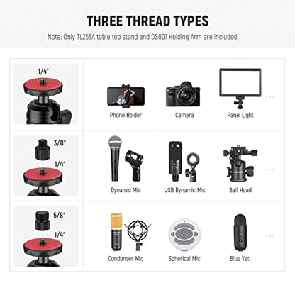 NEEWER TL253A+DS001 Table Camera Tripod with 2 Telescopic Arms, Phone Holder, Ball Heads, Screw Adapter, Table Light Stand for Camera, Mobile Phone, Webcam, Ring Light