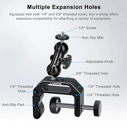 Camera Clamp Mount C Clamp with Magic Arm - Perfect for Fence, Desk, Tripod, Monitor, Light, GoPro, Insta360, DSLR - Essential Tool for Outdoor Projects, Broadcasting, Photography