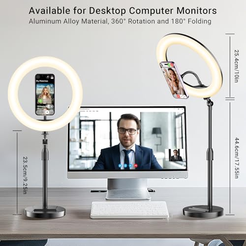 Desk Ring Light with Magnetic Phone Holder, 10'' Video Conference Podcast Lighting Kit for Laptop Computer Monitor Zoom Call Streaming, 3 Color LED Halo Light with Adjustable Stand for Home Office
