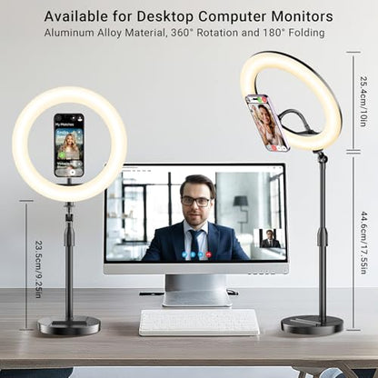 Desk Ring Light with Magnetic Phone Holder, 10'' Video Conference Podcast Lighting Kit for Laptop Computer Monitor Zoom Call Streaming, 3 Color LED Halo Light with Adjustable Stand for Home Office