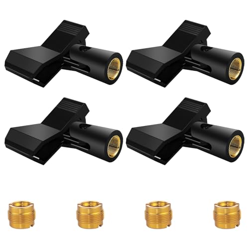 4 Pack Universal Adjustable Mic Clips for Stands, Wireless Microphone Holder with 5/8 to 3/8 Inch Adapter, 180° Adjustable Knob, Secure Clamp for Mic Stands