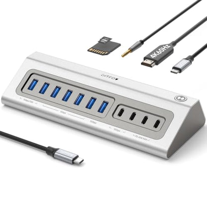 Giftos Powered USB Hub, 18 in 1 USB 3.2 Hub with 4K HDMI, PD 100W,45W Charge,10Gbps USB,SD/TF,Audio, 65W Adapter,3.3FT Cable,Aluminum,Smart Button, USB Hub for Mac, Mac mini, iMac,iPhone 17/16,iPad - size: 18 IN 1