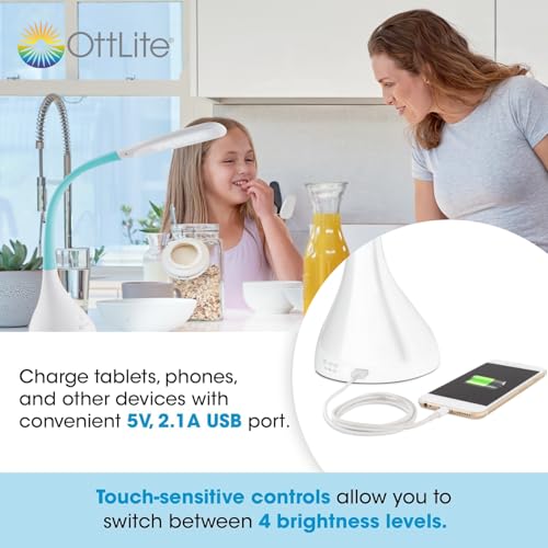 OttLite Creative Curves LED Desk Lamp with USB Port, White with Turquoise | ClearSun LEDs Reduce Eyestrain | 4 Brightness Settings | Adjustable Flexible Neck | 11.25 to 23.75 inches - color: White/Blue
