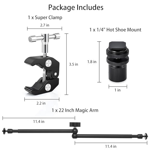 UTEBIT 22 Inch Magic Arm Camera Mount with Super Clamp 1/4" 3/8" Screw Hole | Adjustable Articulating Friction Camera Boom with 360° Ball Heads Arm for Monitor, LED Light, Webcam, Action Camera - size: 22inch
