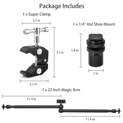 UTEBIT 22 Inch Magic Arm Camera Mount with Super Clamp 1/4" 3/8" Screw Hole | Adjustable Articulating Friction Camera Boom with 360° Ball Heads Arm for Monitor, LED Light, Webcam, Action Camera - size: 22inch