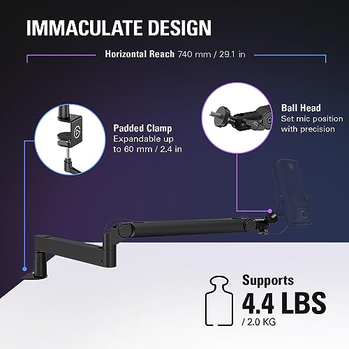 Elgato Wave Mic Arm Low Profile Microphone Boom Arm | Sits below shoulder line, 360-degree rotation, Magnetic cable channels, All-metal build, Fully adjustable mount - style: Mic Arm LP