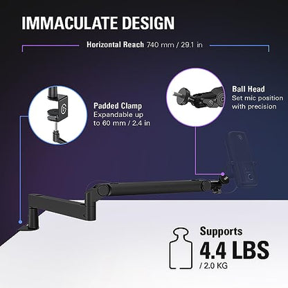Elgato Wave Mic Arm Low Profile Microphone Boom Arm | Sits below shoulder line, 360-degree rotation, Magnetic cable channels, All-metal build, Fully adjustable mount - style: Low Profile