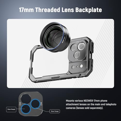 NEEWER Phone Cage Compatible with iPhone 17 Pro, Quick Release Video Rig Stabilizer Accessories with 67mm Filter Ring, 17mm Lens Backplate, T Mount Adapter, 4X Camera Control Cap, PA143 (Black)