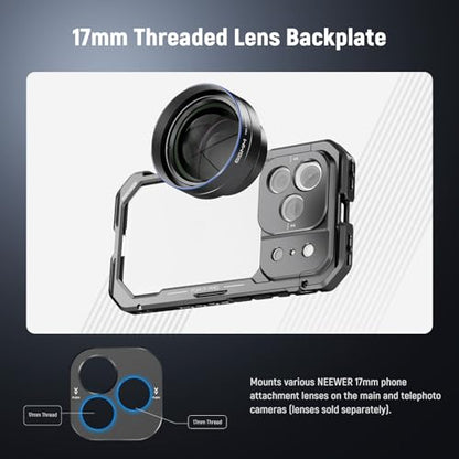 NEEWER Phone Cage Compatible with iPhone 17 Pro, Quick Release Video Rig Stabilizer Accessories with 67mm Filter Ring, 17mm Lens Backplate, T Mount Adapter, 4X Camera Control Cap, PA143 (Black)