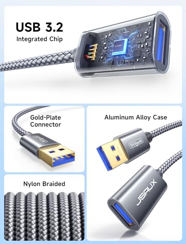 JSAUX USB 3.0 Extension Cable 0.5M, USB A Male to Female Extension Cord Durable Braided Material Fast Data Transfer Compatible with USB Keyboard, Flash Drive, Hard Drive, Xbox-Grey - size: 1.6FT