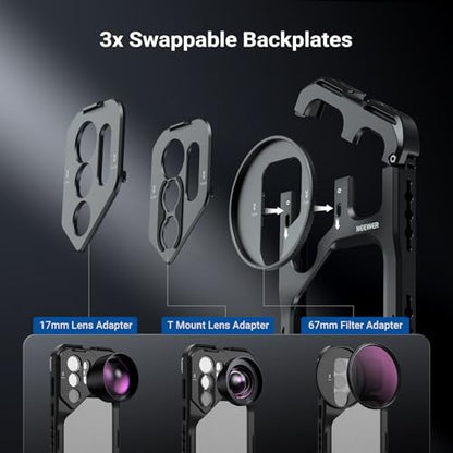 NEEWER S26 Ultra Phone Cage, Mobile Video Rig Stabilizer Vlog Kit with 3X Backplate for 67mm Filter, 17mm Phone Lens & T Mount Lens, Compatible with Samsung Galaxy S26 Ultra Only, PA182