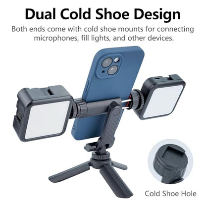Dual Cold Shoe Phone Mount Holder — Universal Adjustable Smartphone Clamp with Dual Cold Shoe Mounts for Microphone & LED Light, 360° Rotating Ball Head, 1/4"-20 Tripod Screw Compatible