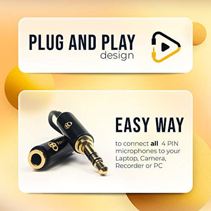 PowerDeWise TRRS to TRS Aux Male to Female Adapter Stereo - TRRS Adapter for iPhone and Android - Microphone 3.5mm Jack Adapter - Male Female Adapter for Lavalier Lapel Microphone