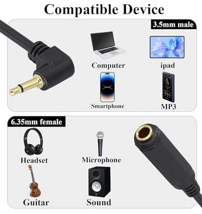 (2Pack 6.35mm 1/4" Mono to 90 Degree 3.5mm 1/8" TS Mono Connectors Cable Right Angle 3.5mm Mono Male to 6.35mm Female Plug Cable for Microphone to External Soundcard, etc.(30CM/12Inch) - color: 90 Degree 30CM/2Pack