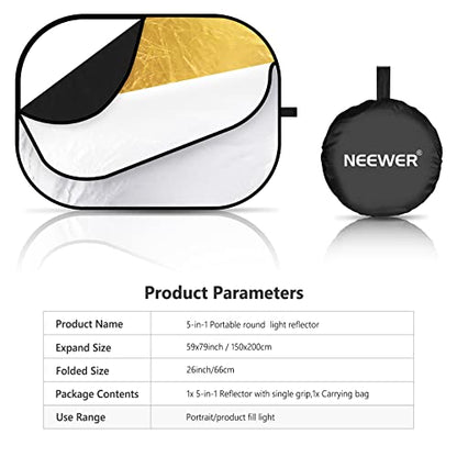 NEEWER 59"x79"/150x200cm Light Reflectors for Photography, Portable 5 in 1 Collapsible Multi Disc with Bag - Translucent, Silver, Gold, Black, White Diffuser for Studio and Outdoor Lighting - size: 59" x 79"
