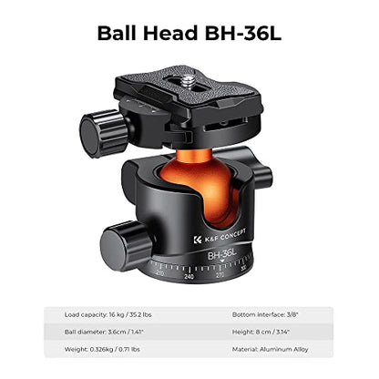 K&F CONCEPT 36mm Metal Tripod Ball Head 360 Degree Rotating Panoramic with 1/4 inch Quick Release Plate Bubble Level for Monopod Camera Camcorder Load Capacity up to 35.2 lbs/16KG - size: 16 kg Capacity