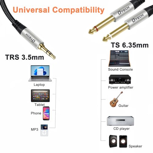 DTECH 3ft 3.5mm to 1/4 Adapter Audio Stereo Cable TRS 1/8 to Dual Quarter Inch TS 6.35mm Y Splitter Guitar AMP Aux Cord for Headphones Jack Laptop Speaker Phone Mixer - size: 3ft