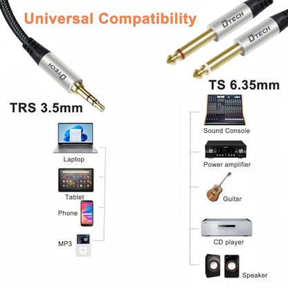 DTECH 5ft 3.5mm to 1/4 Adapter Audio Stereo Cable TRS 1/8 to Dual Quarter Inch TS 6.35mm Y Splitter Guitar AMP Aux Cord for Headphones Jack Laptop Speaker Phone Mixer - size: 5ft