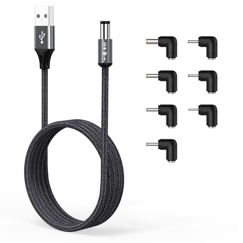 AGVEE 3.3ft USB to DC 5V Power Cord 5521(5.5x2.1mm) | Braided & Aluminum Shell, 6pcs DC Adapter Tips, Fast & Durable Charger Charging Cable for CCTV Cameras, Routers, LED Strips, - color: Dark Gray, size: 3.3ft+Adapter Tips