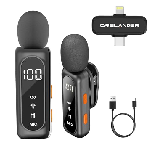 Crelander 3 in 1 Professional Mini Wireless Microphone for iPhone/Android/Camera, Bluetooth Lavalier Mic Crystal Clear Sound Quality for Recording, Live Streaming, Microphone Clips (All) (1) - color: 1