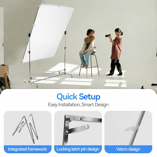 WELLMAKING 79x59 inch Professional Photography Light Diffuser Screen - 360° Rotatable Frame, Quick Setup, Adjustable Stand with Casters for Studio Portrait Video Shooting, White, Silver, Black