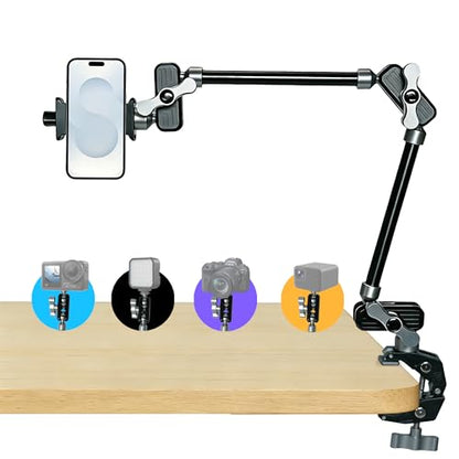 GEEKOTO 22" Magic Arm, Overhead Phone Mount with 360Dual Ball Head, CNC Aluminum Desk Camera Mount for Photography & Content Creation, Camera, Phone Holder,Filming, Action Camera, LED Light, Webcam - style: Desk Clip&Phone Clip