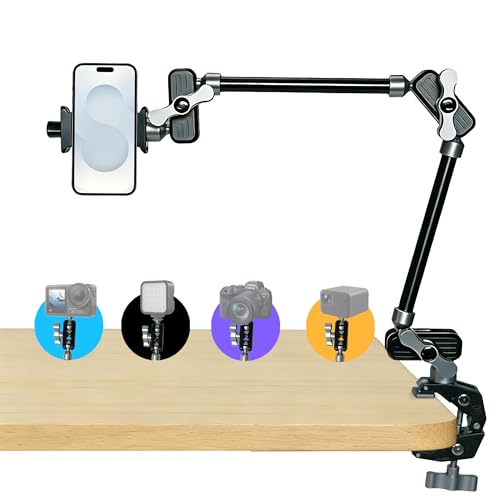 GEEKOTO 22" Magic Arm, Overhead Phone Mount with 360Dual Ball Head, CNC Aluminum Desk Camera Mount for Photography & Content Creation, Camera, Phone Holder,Filming, Action Camera, LED Light, Webcam - style: Desk Clip&Phone Clip