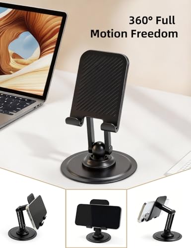 360° Rotating Adjustable Desk Phone Stand with Carbon Steel Base | 180° tilt arm, foldable design, adjustable joint tension, anti-slip silicone pads, fits 4-8 inch iPhone & Android devices