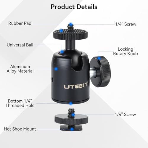 UTEBIT Mini Ball Head, with 3/8" to 1/4" Adapter Ballheads Black | 360° Pan 90° Tilt Tripods Mount with 24mm Ball Head Metal Low Profile, Camera Mount Adapter Holder for Phone/DLSR Camera - style: 24mm Ball Head