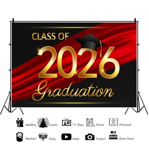 8x6.5ft Class of 2026 Graduation Backdrops for Photography Black Gold Red Streamer Bachelor Hat Photo Background Grad Congrats Party Banner Background Prom Party Supplies Decorations - size: 8x6.5ft