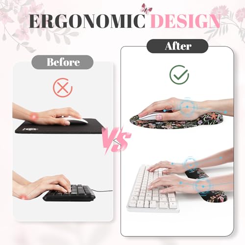iCasso Desk Mat Set,Large Mouse Pad with Wrist Rest,Ergonomic Keyboard Wrist Support for Women,Girly Floral Computer Mat with Scalloped Edges,Non-Slip Desk Pad Home Office Gaming (Black) - color: Black