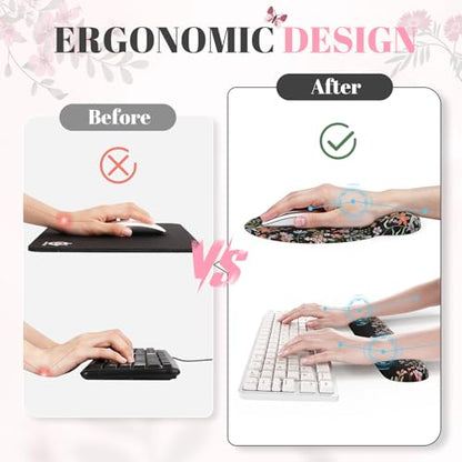 iCasso Desk Mat Set,Large Mouse Pad with Wrist Rest,Ergonomic Keyboard Wrist Support for Women,Girly Floral Computer Mat with Scalloped Edges,Non-Slip Desk Pad Home Office Gaming (Black) - color: Black