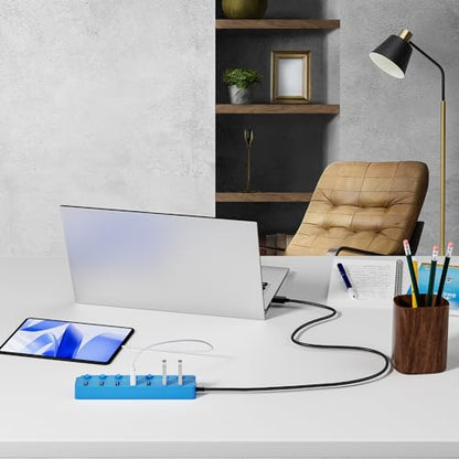 ONFINIO USB Hub 3.0, 7-Port USB Hub Splitter with Individual On/Off Switches and Lights, 3.2ft/1m Long Cable Compatible with MacBook, Laptop, Surface Pro, PS4, PC, Flash Drive, Mobile HDD-Blue - color: Blue