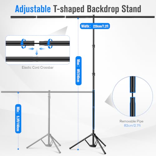 Green Screen Backdrop Kit with Stand, 8x7.2ft Green Background with Reverse Folding Base, Portable T-Shape Stand with 5 Spring Clamps, Sandbag, Carry Bag for Zoom, Streaming, Photography