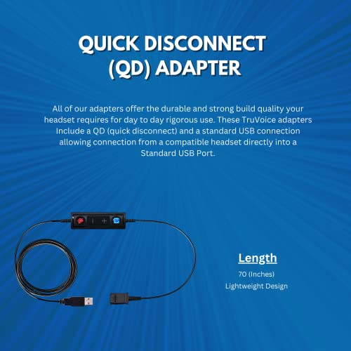 USB to QD Adapter Cable Compatible with any Plantronics, Poly or TruVoice Headset with a Quick Disconnect (QD) - Includes in-Line Volume Control and Mute Functionality