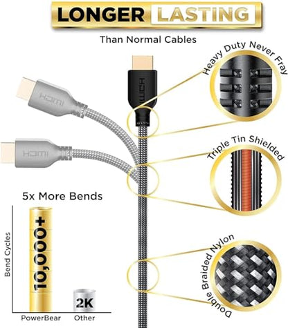PowerBear 4K Long HDMI Cable 50 ft | High Speed, Braided Nylon & Gold Connectors, 4K @ 60Hz, Ultra HD, 2K, 1080P, ARC & CL3 Rated | for Laptop, Monitor, PS5, PS4, Xbox One, Fire TV, Apple TV - size: 50ft