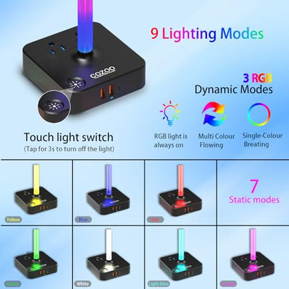 RGB Headphone Stand with USB Charger COZOO Desktop Gaming Headset Holder Hanger with 3 USB Charger and 2 Outlets - Great for Gaming, DJ, Wireless Earphone Display,Gamer PC Accessories Boyfriend Gifts - color: 2.Multi-LED lights