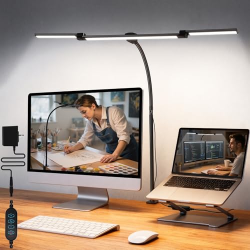 LED Desk Lamp for Office Home, 3 Light Bar Adjustable Desk Light with Clamp, Architect Table Lamp Computer Monitor Lighting, Stepless Dimming Eye-Caring Clip on Light for Workbench Reading Study Black - color: Black
