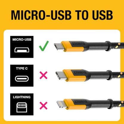 DEWALT Heavy Duty USB to Micro-USB Cable, Jobsite Micro USB Connector Cable, High Speed Charging Cord for Compatible Android Phones, Cameras, Legacy Devices, 6 ft (Black) - size: 6 Foot
