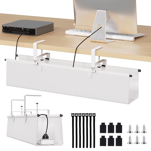 Under Desk Cable Management Tray - 28" Cord Organizer for Desk No Drill, Fabric Under Table Wire Organizer with 16X Cable Ties Hide for Office/Home, Cord Hider Fits Adapters & Sockets, White - color: White, size: 28'' L
