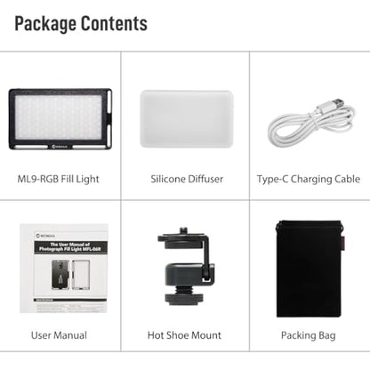 Moman Portable LED Video Light, Aluminum Alloy Body On-Camera Light, Diffuser & Built-in Battery, 2500K-8500K RGB Dimmable, CRI 96+ Photography Fill Light with 1/4" Screw for DSLR, Vlog, YouTube - size: ML9R with diffuser